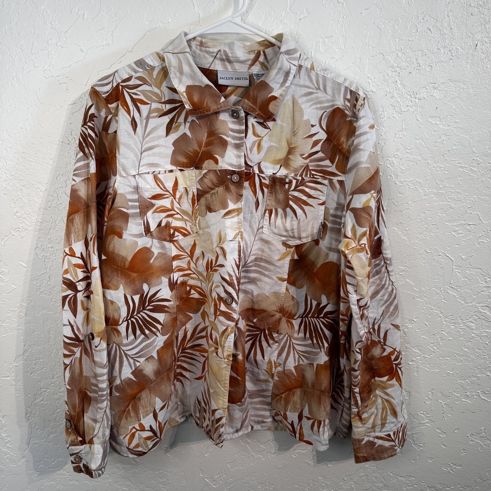 Jaclyn Smith 90s Button Up Autumn Leaves Long Sleeve Shirt Linen Cotton Blend XL